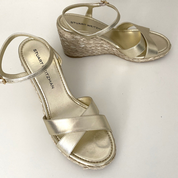 Stuart Weitzman Dayna Espadrille Wedge Sandal Leather Light Gold Natural 10.5 B - Picture 7 of 10